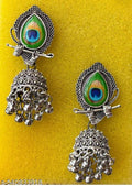 Antique Oxidised Silver Peacock Enamel Jhumka Earrings | Traditional Meenakari Drop Earrings with Flute Detail for Ethnic Wear