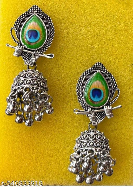 Antique Oxidised Silver Peacock Enamel Jhumka Earrings | Traditional Meenakari Drop Earrings with Flute Detail for Ethnic Wear