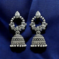 Floral Stone-Studded Oxidised Silver Jhumka Earrings