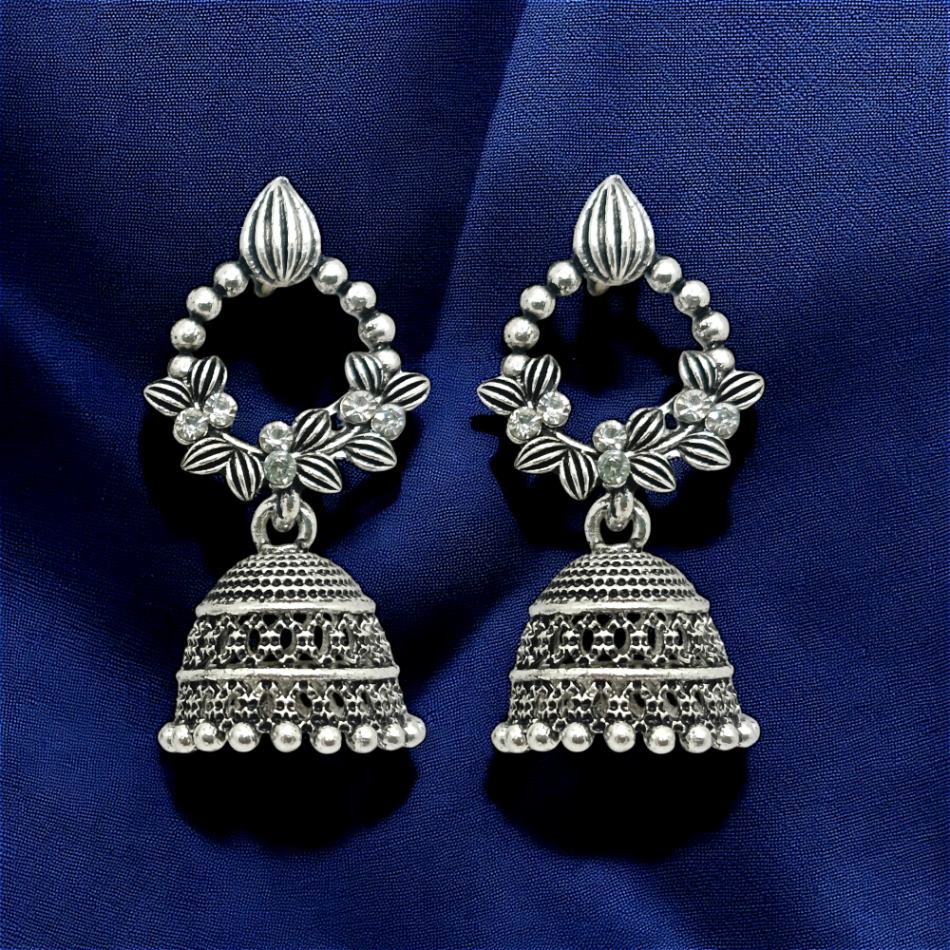 Floral Stone-Studded Oxidised Silver Jhumka Earrings