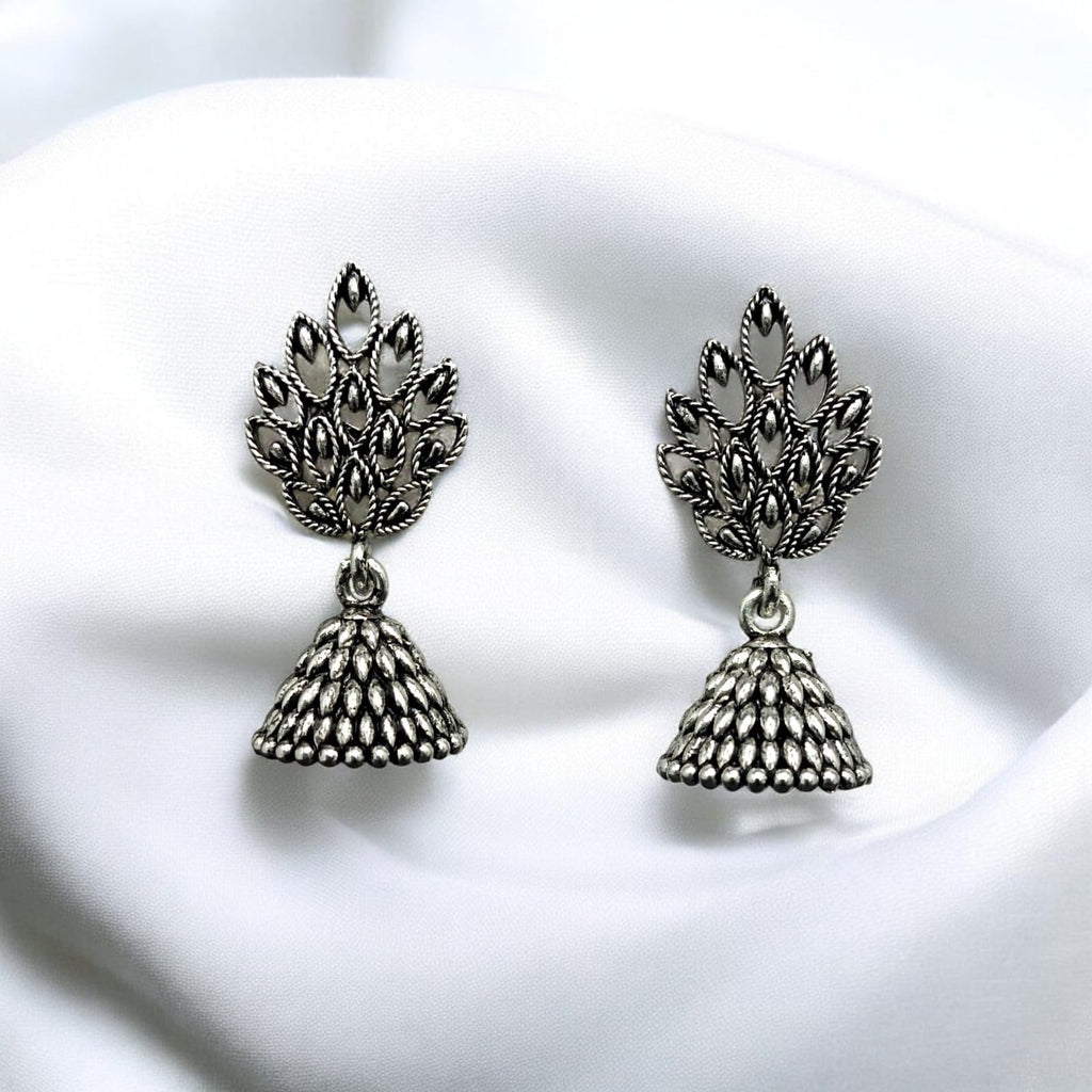 Leafy Crown Oxidised Silver Petite Jhumka Earrings