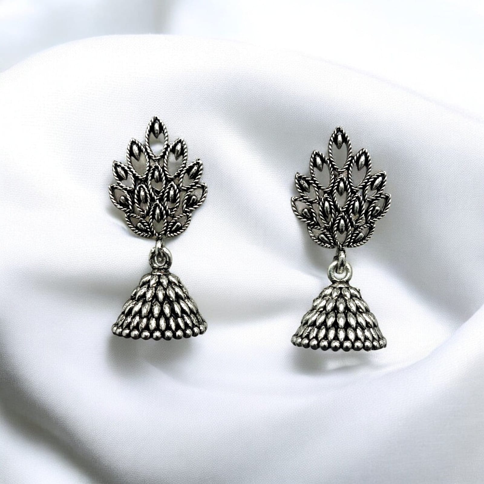 Leafy Crown Oxidised Silver Petite Jhumka Earrings