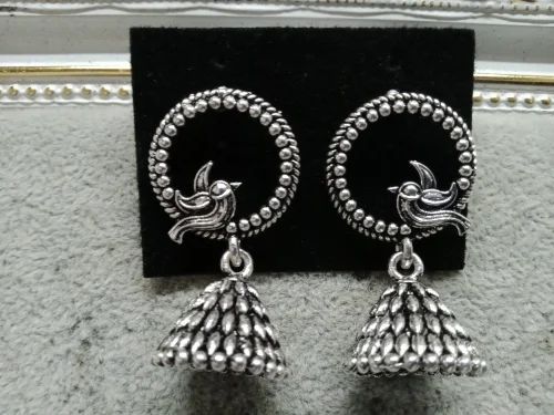 Bird-Engraved Oxidised Silver Jhumka Earrings