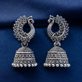 Regal Peacock Motif Oxidised Silver Jhumka Earrings