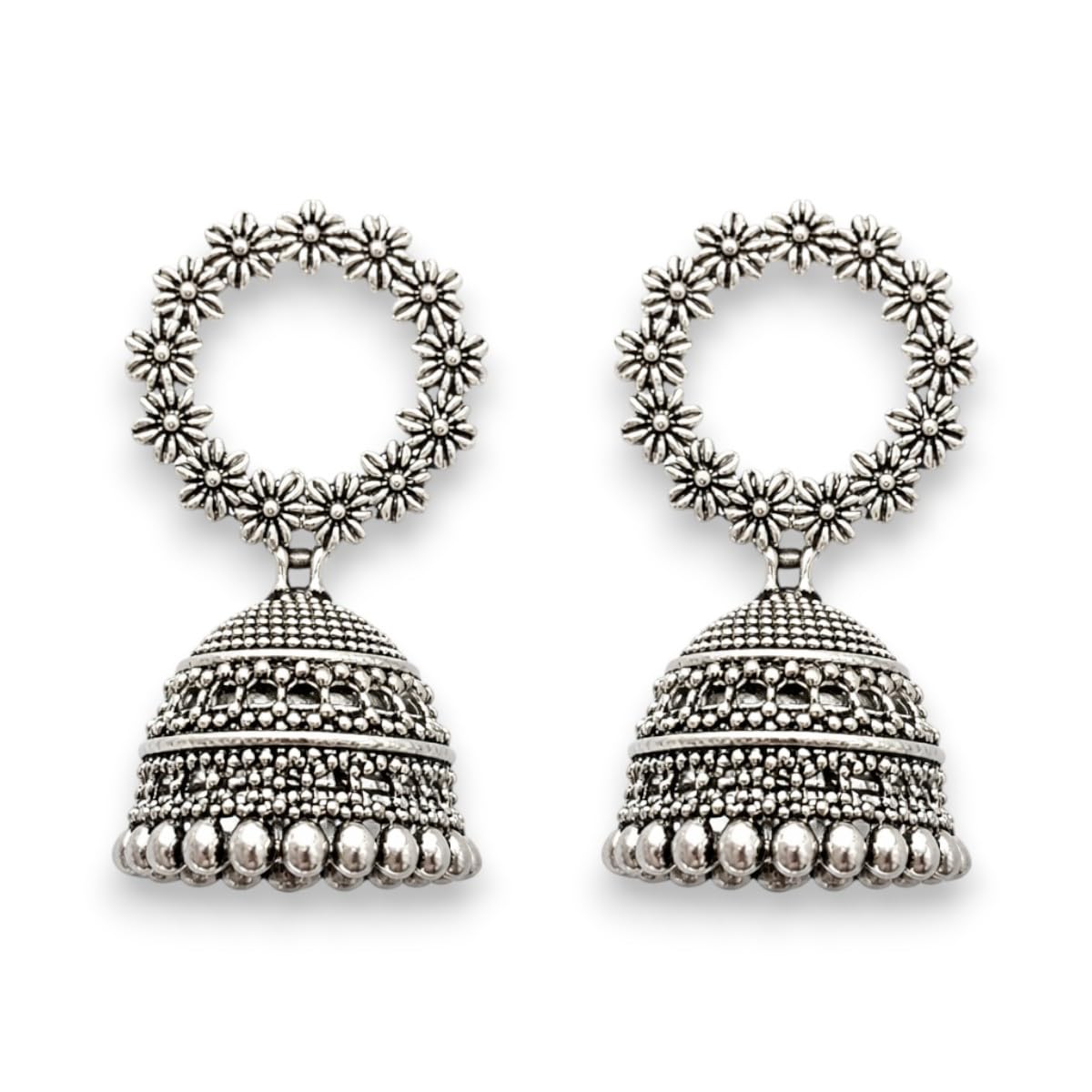 Antique Oxidised Silver Floral Halo Jhumka Earrings | Traditional Boho Statement Drop Earrings