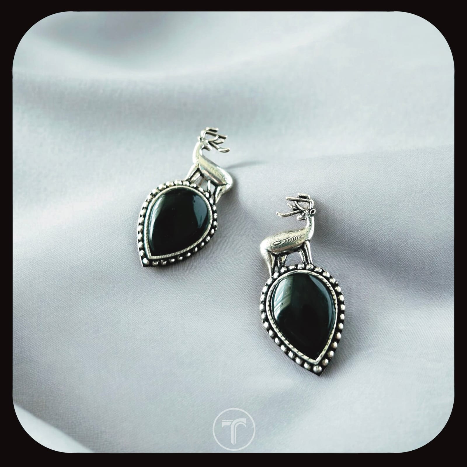Majestic Deer Motif Black Onyx Oxidised Stud Earrings