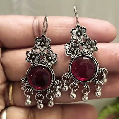 Vintage Bloom Ruby-Red Oxidised Chandbaali Earrings