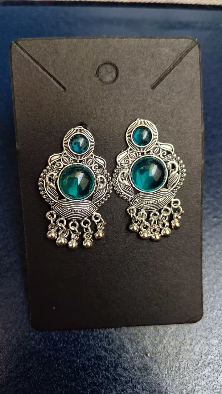 Royal Teal Peacock Medallion Oxidised Silver Stud Earrings