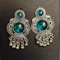 Royal Teal Peacock Medallion Oxidised Silver Stud Earrings