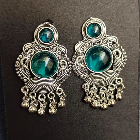 Royal Teal Peacock Medallion Oxidised Silver Stud Earrings