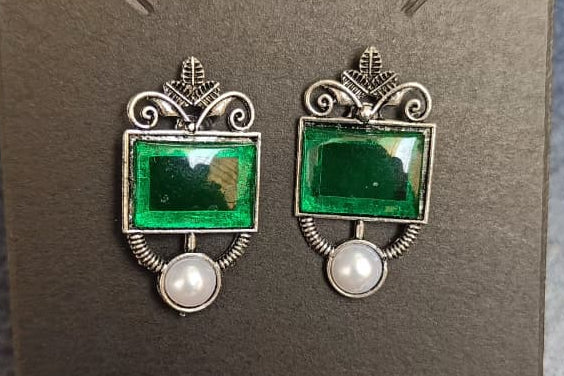 Emerald Muse Pearl-Drop Oxidised Silver Stud Earrings