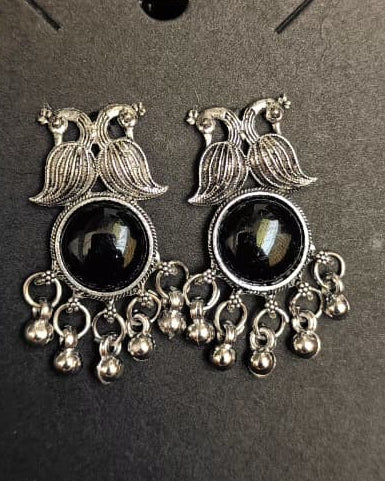 Twin Peacock Medallion Oxidised Stud Earrings