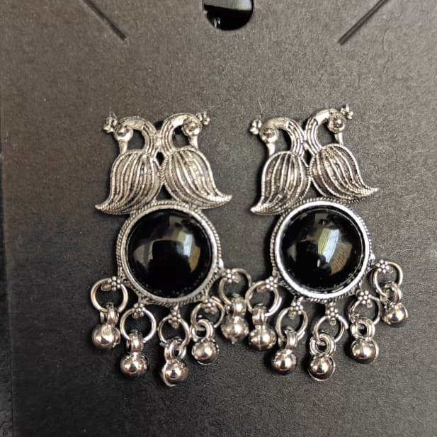 Twin Peacock Medallion Oxidised Stud Earrings