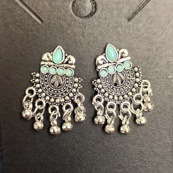 Mint Bloom Tribal Shield Oxidised Silver Stud Earrings