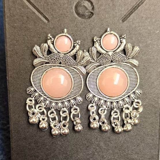Twin Peacock Peach Stone Oxidised Silver Stud Earrings