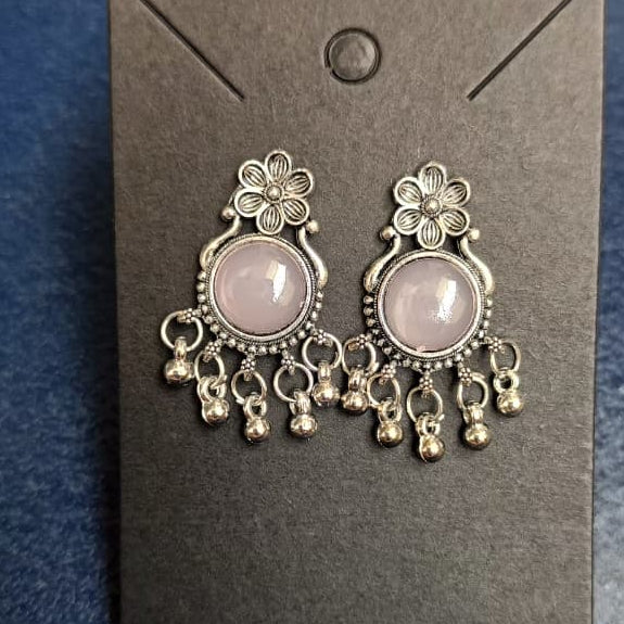 Pastel Mauve Floral Medallion Oxidised Silver Stud Earrings