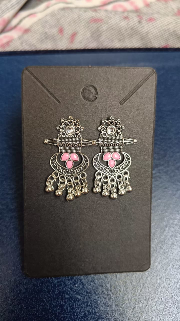 Blossom Pink Tribal Shield Oxidised Silver Earrings