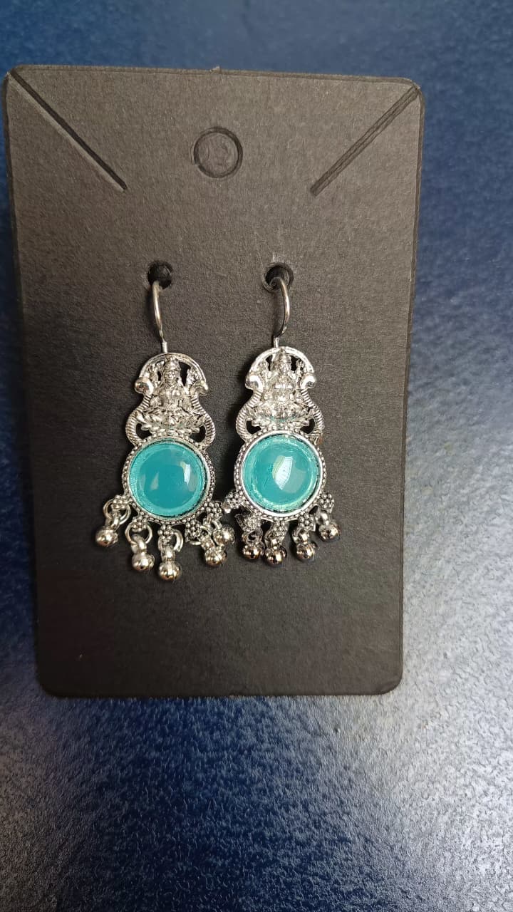 Celestial Teal Goddess Motif Oxidised Silver Dangle Earrings
