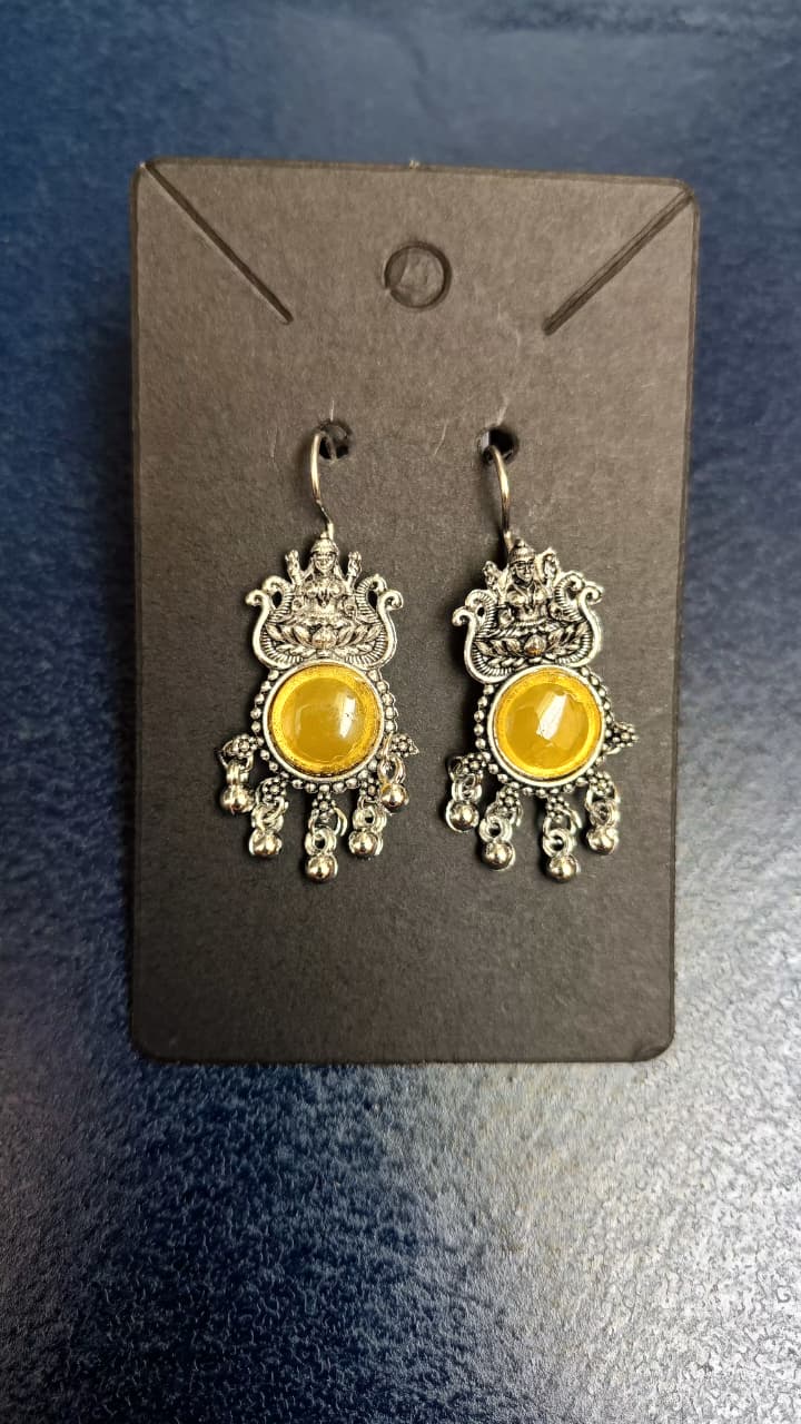 Golden Glow Goddess Motif Oxidised Silver Dangle Earrings