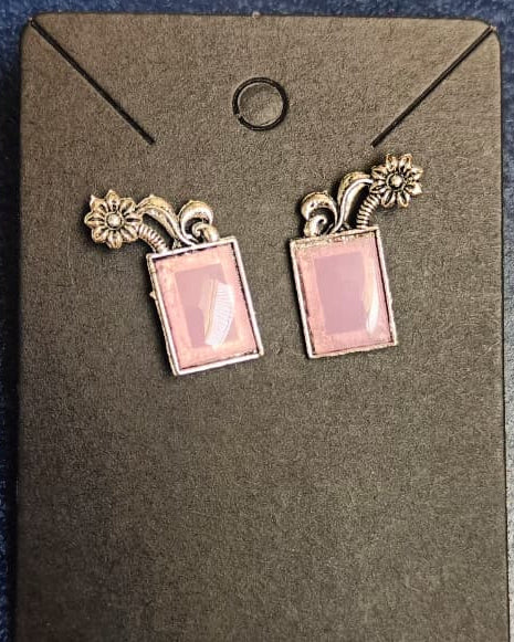 Pastel Pink Rectangular Oxidised Silver Stud Earrings with Floral Crown