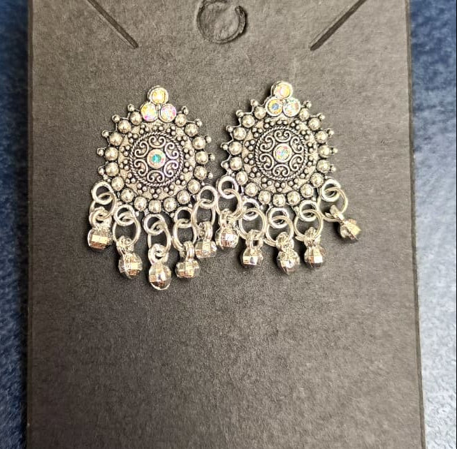 Mandala Bloom Oxidised Silver Stud Earrings with Ghungroo Fringe