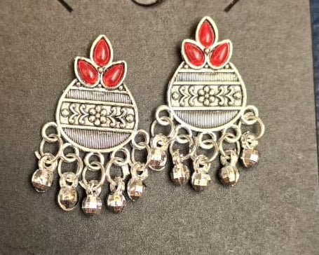 Crimson Lotus Motif Oxidised Silver Jhumka Earrings