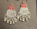 Crimson Lotus Motif Oxidised Silver Jhumka Earrings