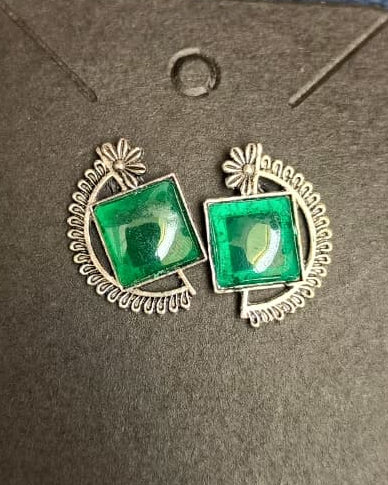 Emerald Geometric Bloom Oxidised Silver Stud Earrings