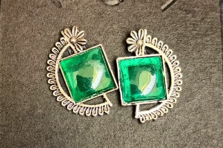 Emerald Geometric Bloom Oxidised Silver Stud Earrings