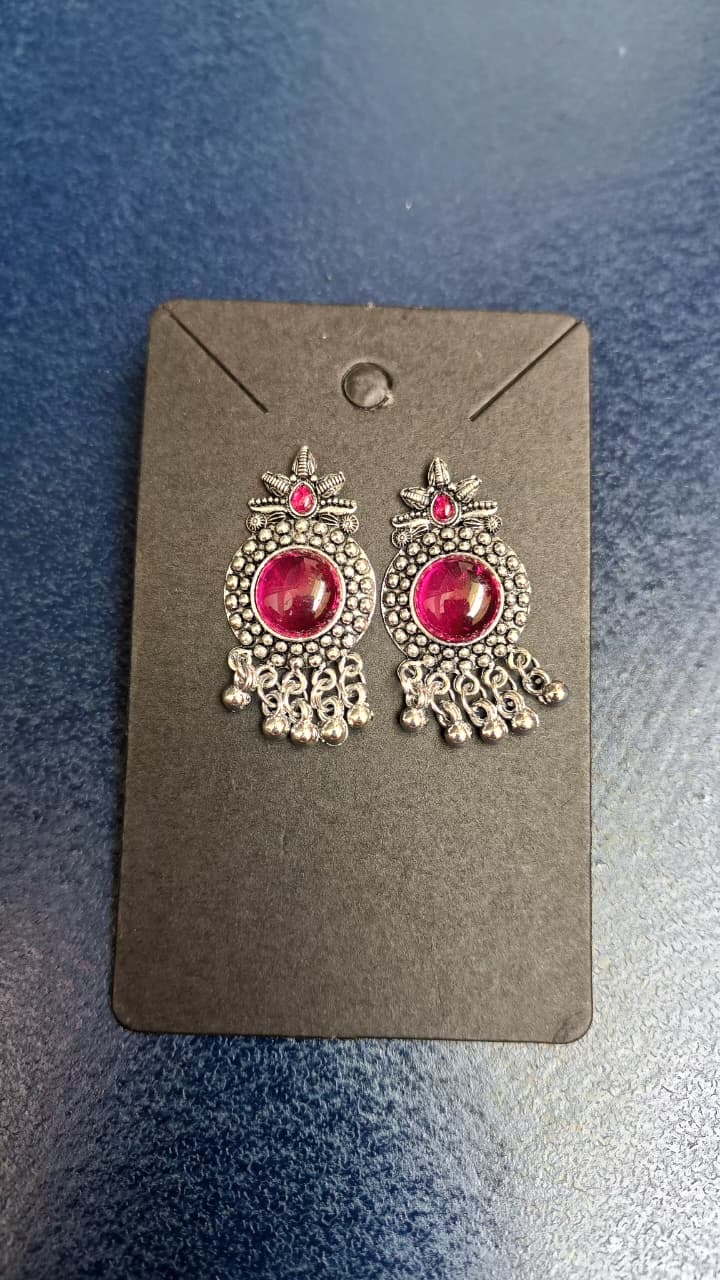 Majestic Magenta Medallion Oxidised Silver Stud Earrings
