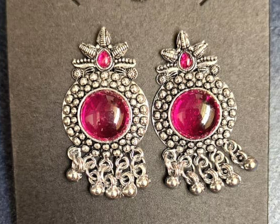 Majestic Magenta Medallion Oxidised Silver Stud Earrings