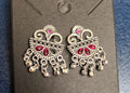 Magenta Floral Fan Oxidised Silver Stud Earrings