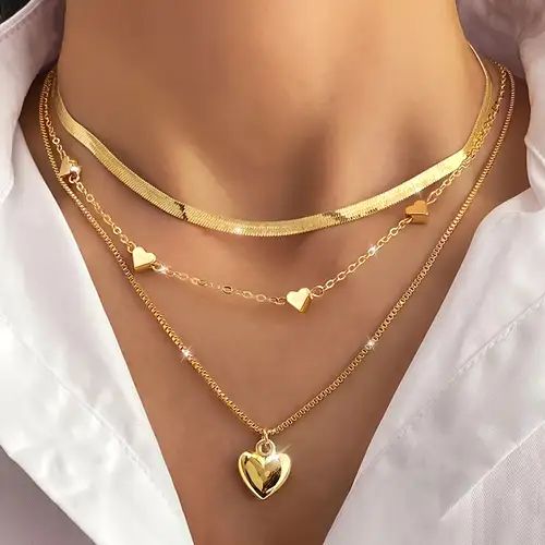 3 Pcs Heart Shape Charm Chain Necklace Three Layers