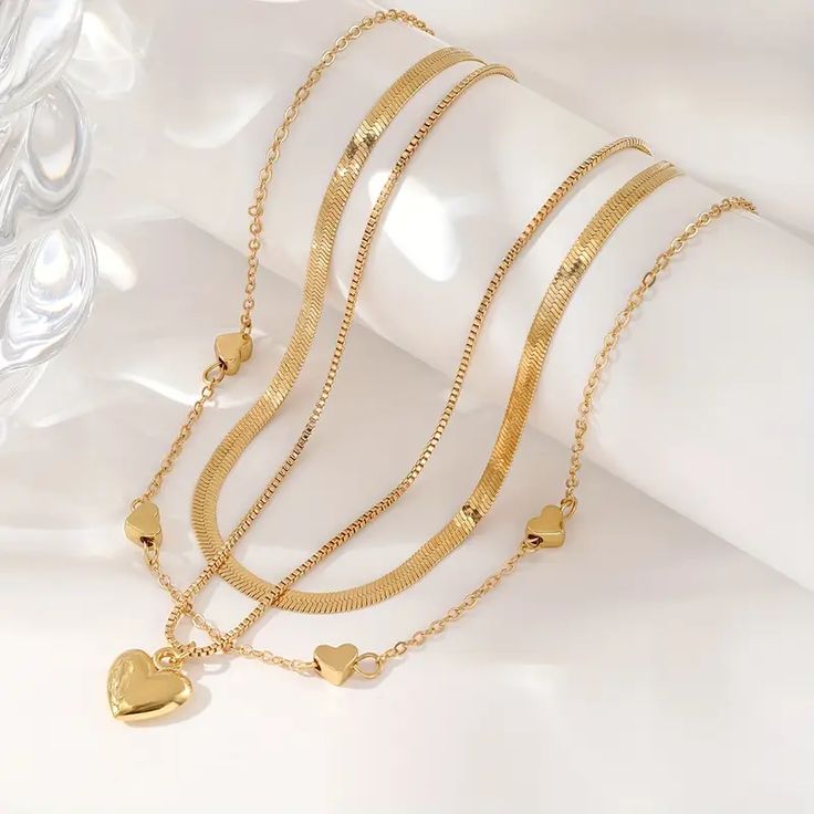 3 Pcs Heart Shape Charm Chain Necklace Three Layers