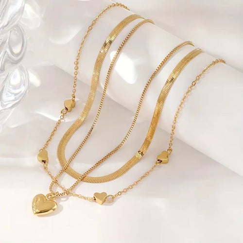 3 Pcs Heart Shape Charm Chain Necklace Three Layers