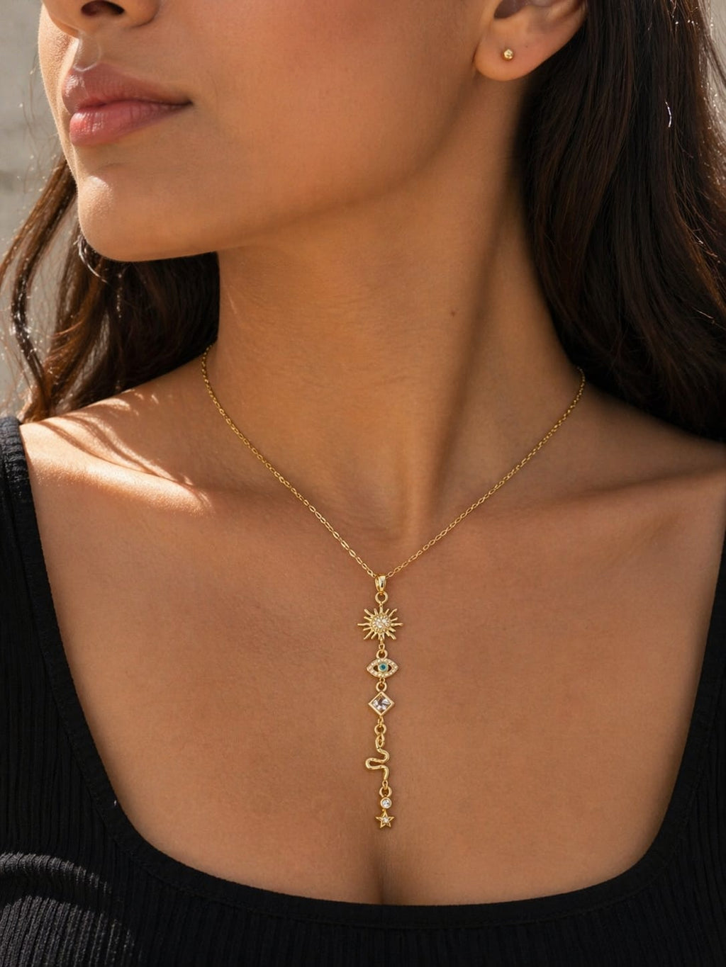 Gold-Plated Anti Tarnish Celestial Evil Eye Drop Charm Necklace