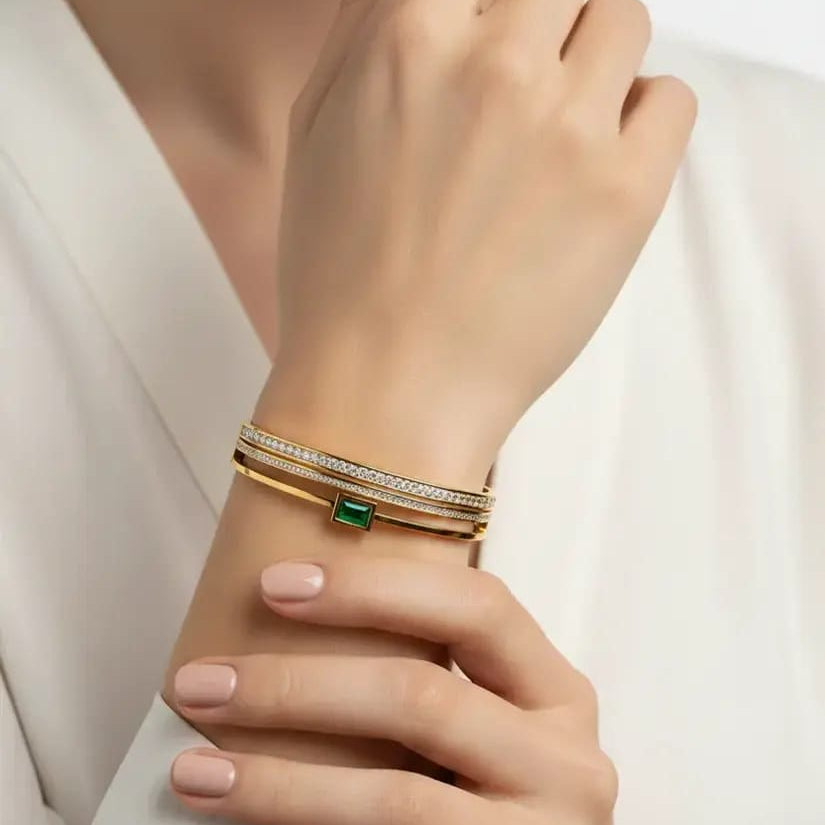 Anti Tarnish Green Stone Crystal Layered Bangle Bracelet – Gold Plated