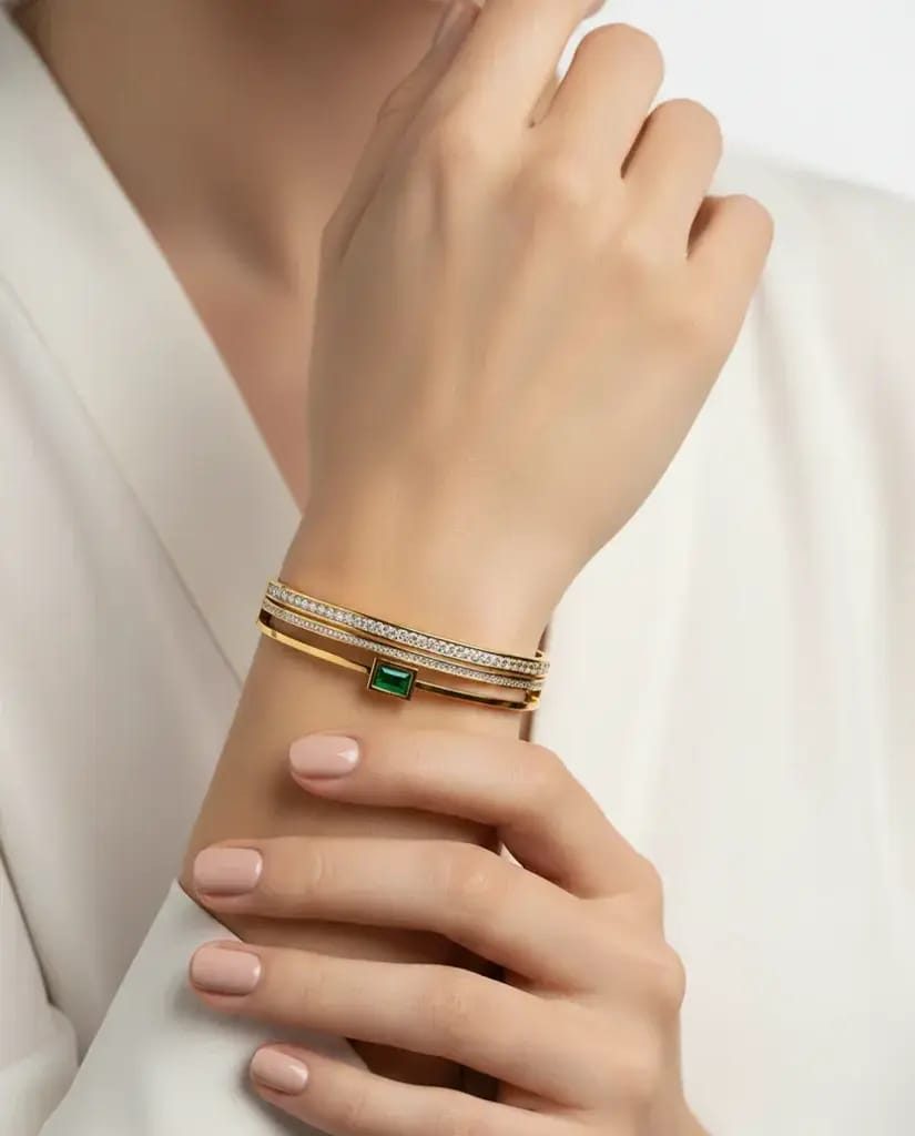 Anti Tarnish Green Stone Crystal Layered Cuff Bracelet – Gold Plated