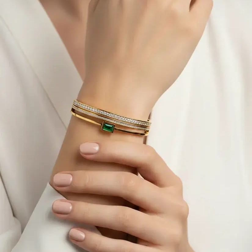 Anti Tarnish Green Stone Crystal Layered Bangle Bracelet – Gold Plated