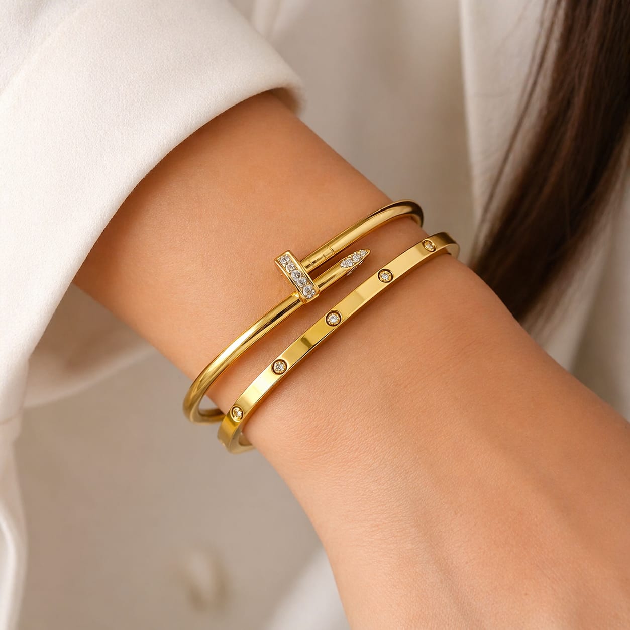 Anti Tarnish Nail Design Crystal Bangle Bracelet – Gold Plated Luxury Cuff - Combo