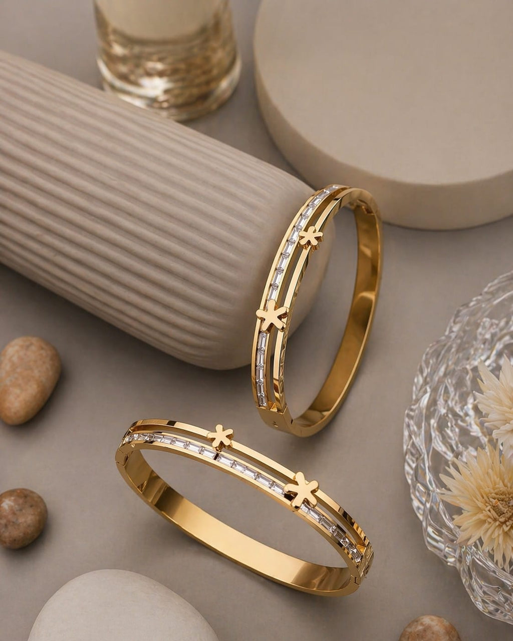 Anti Tarnish Floral Crystal Dual Line Bangle Bracelet – Gold Plated