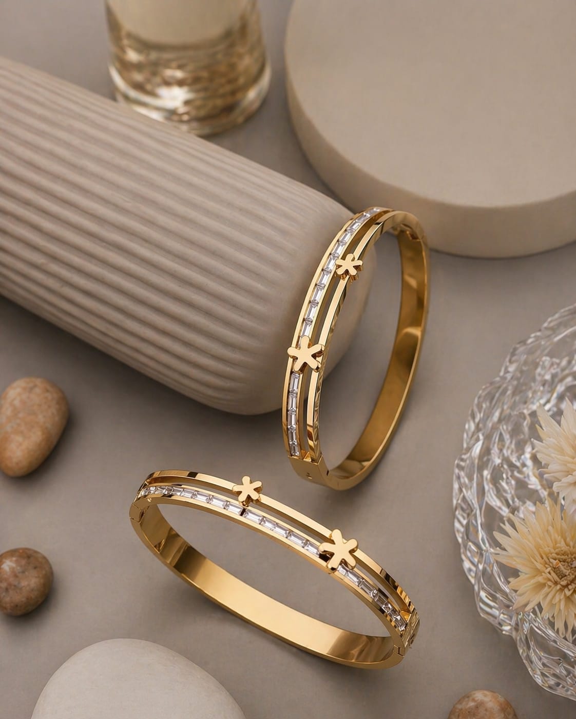 Anti Tarnish Floral Crystal Dual Line Bangle Bracelet – Gold Plated