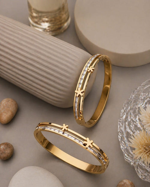 Anti Tarnish Floral Crystal Dual Line Bangle Bracelet – Gold Plated