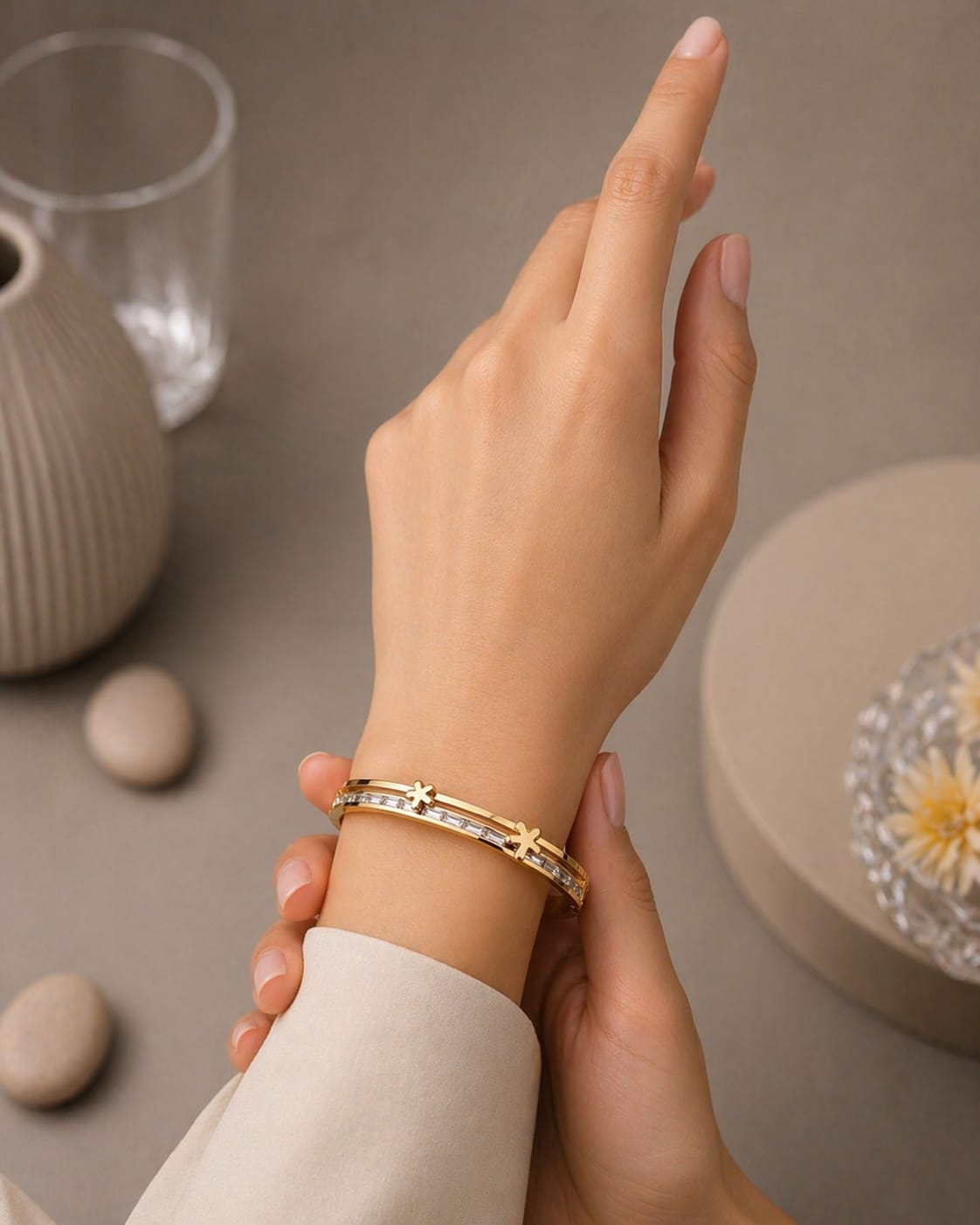 Anti Tarnish Floral Crystal Dual Line Bangle Bracelet – Gold Plated