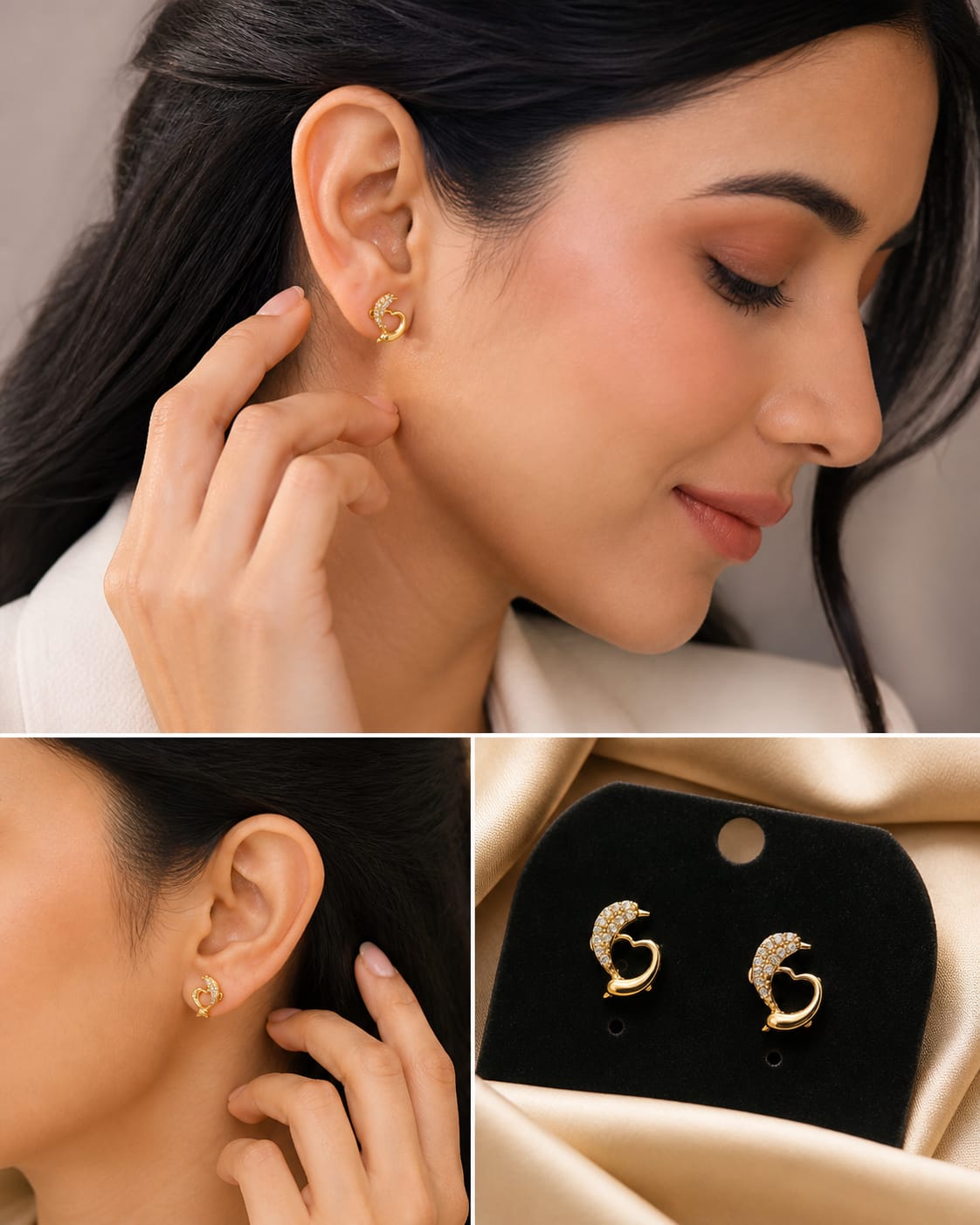Celestial Heart & Moon CZ Stud Earrings – Anti Tarnish Gold Plated