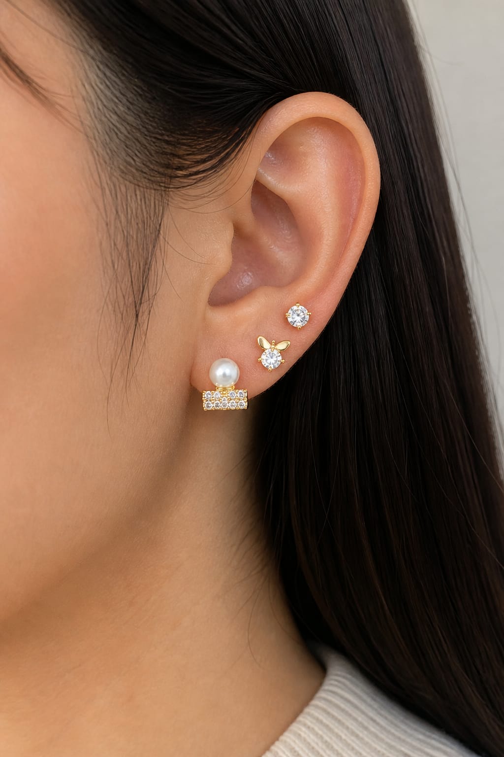 Luxe Trio Stud Earrings Set – Pearl, CZ & Butterfly Gold Plated Combo (Anti-Tarnish)
