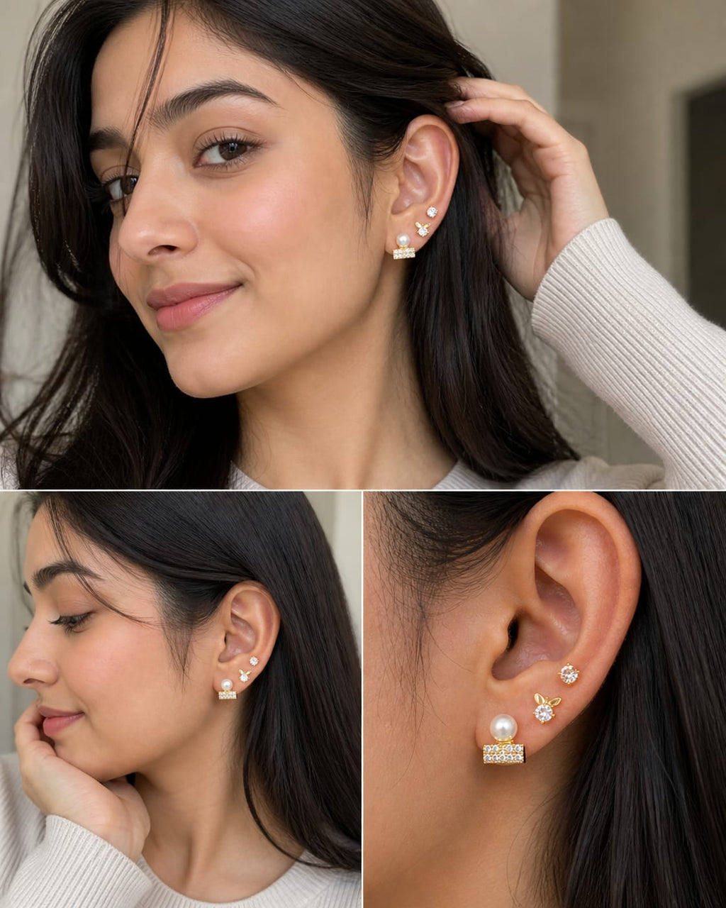 Luxe Trio Stud Earrings Set – Pearl, CZ & Butterfly Gold Plated Combo (Anti-Tarnish)
