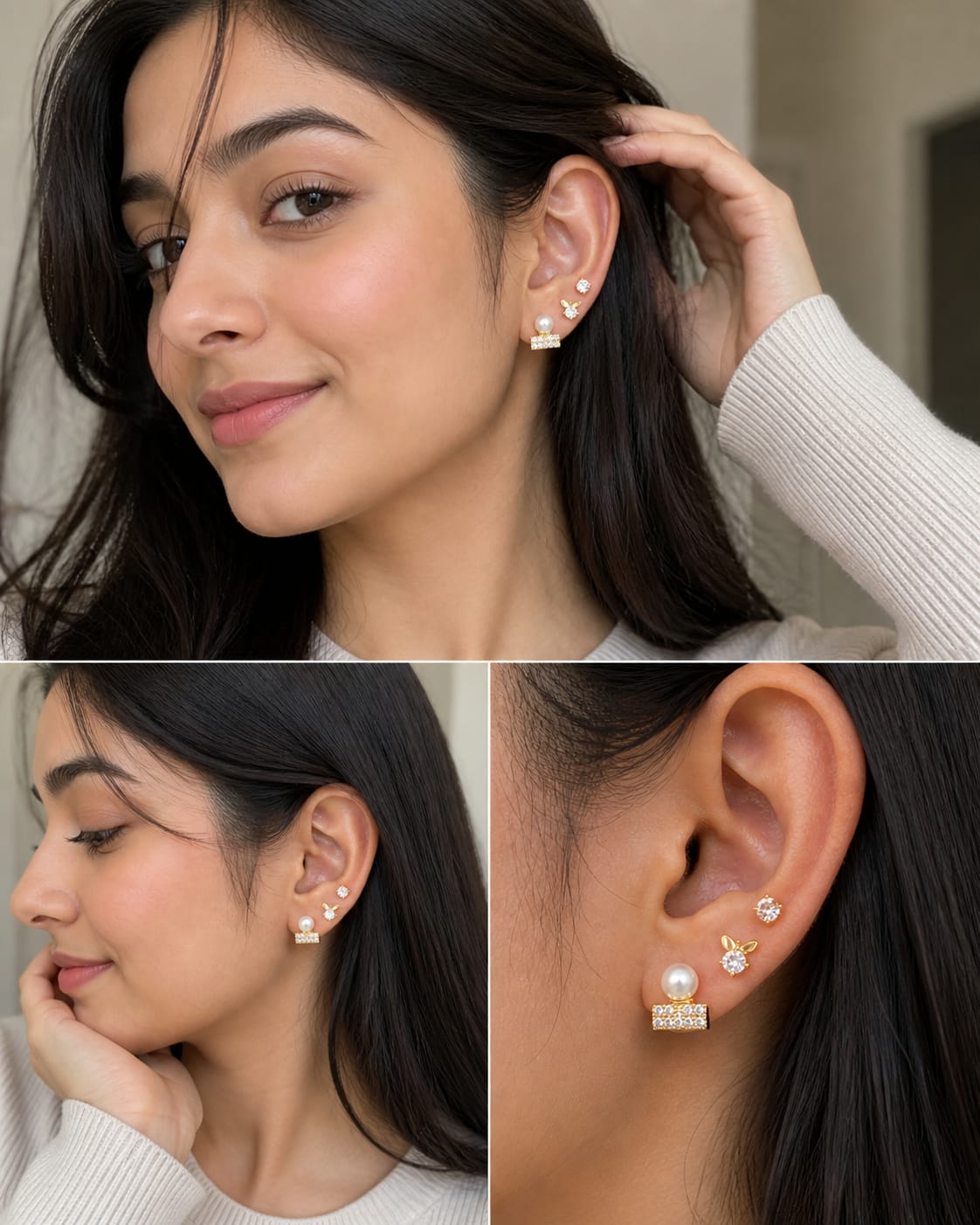 Luxe Trio Stud Earrings Set – Pearl, CZ & Butterfly Gold Plated Combo (Anti-Tarnish)