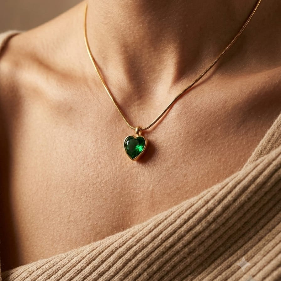 Green Heart Crystal Gold Necklace | Anti-Tarnish Minimal Snake Chain