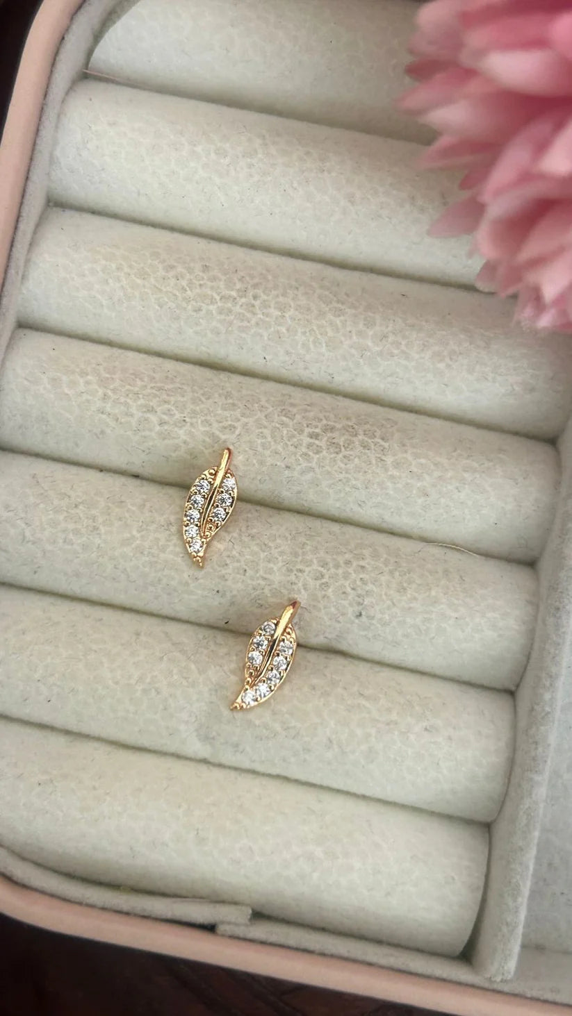 Dainty Leaf CZ Stud Earrings – Nature-Inspired Gold Plated Anti Tarnish